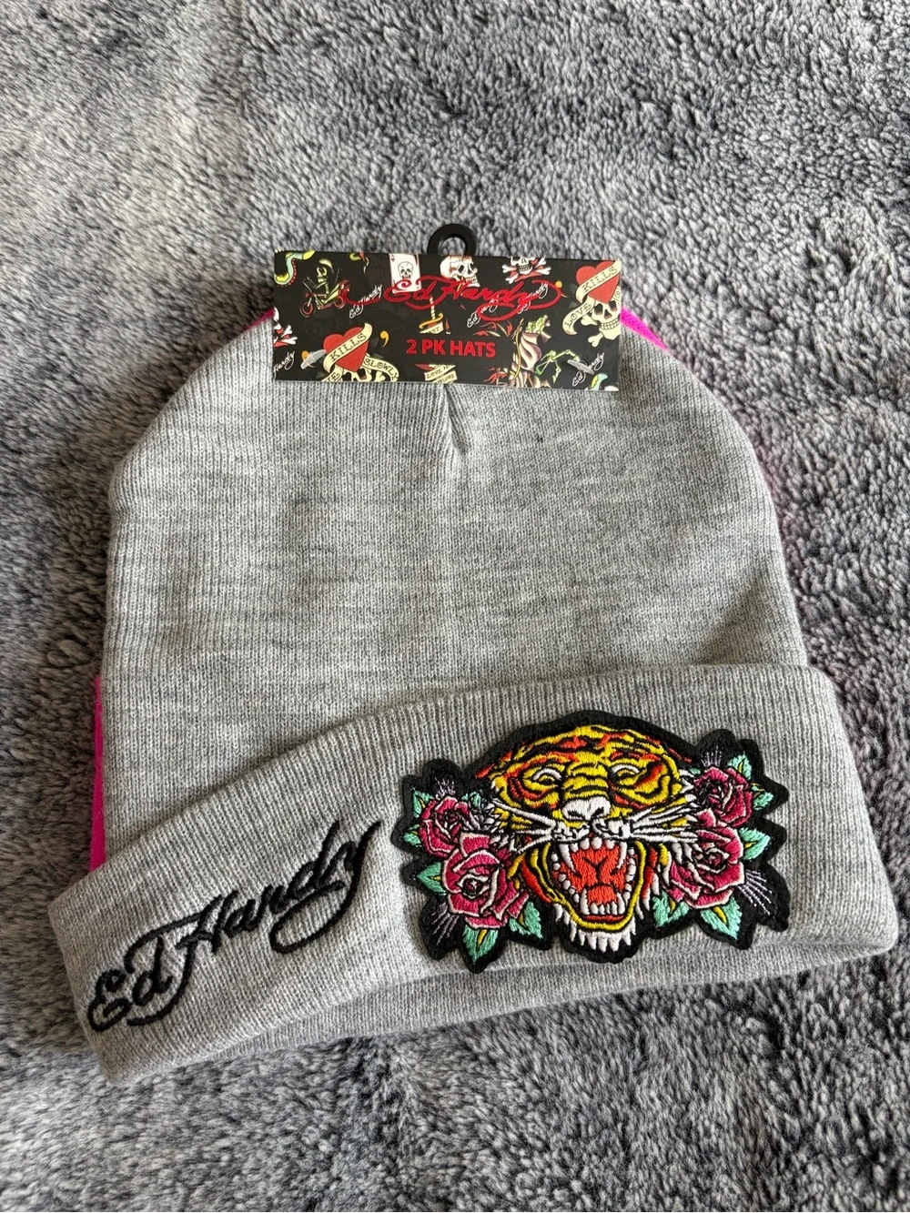 Ed Hardy Hot Pink Floral 'Love Kills Slowly' Knit Beanie .